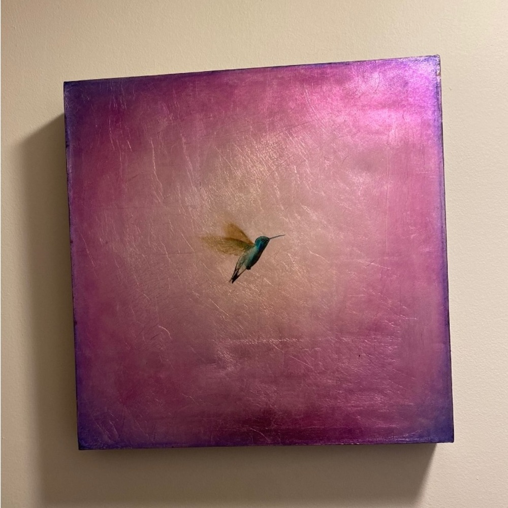 Set of 3 Purple , Green and Gold Hummingbird Canvas Paintings 
One of a kind